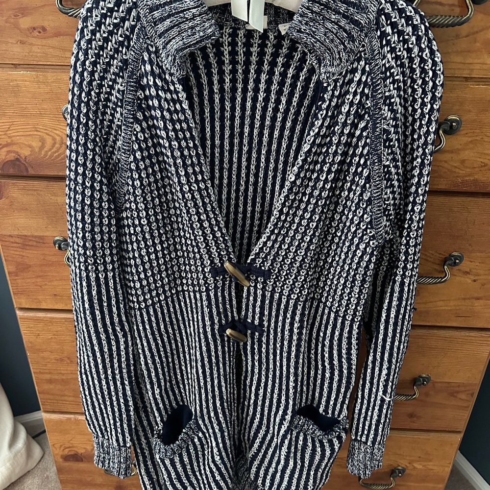 GAP Navy and White Knit Hooded Coatigan with Toggle Buttons NWOT